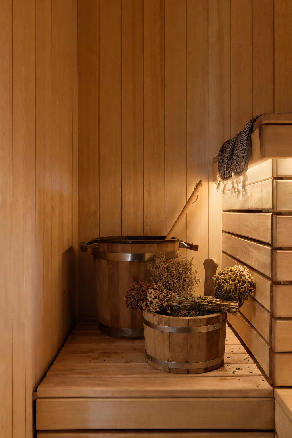 Scandi Club steam room with wooden tubs and leafy whisks
